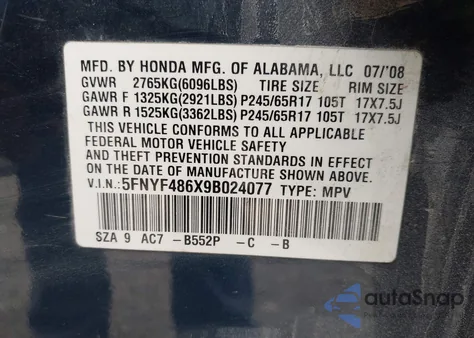 2009 Honda Pilot Ex-L z USA, uszkodzony, nr VIN 5FNYF486X9B024077